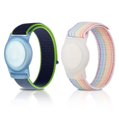 2 Pack Kids Wristband for AirTag, Nylon Watch Band GPS Tracker Holder Protective Case Compatible with Apple Air Tag, Adjustable Anti-lost Bracelet for Toddler Baby Children Elders (RainbowA+Navy)