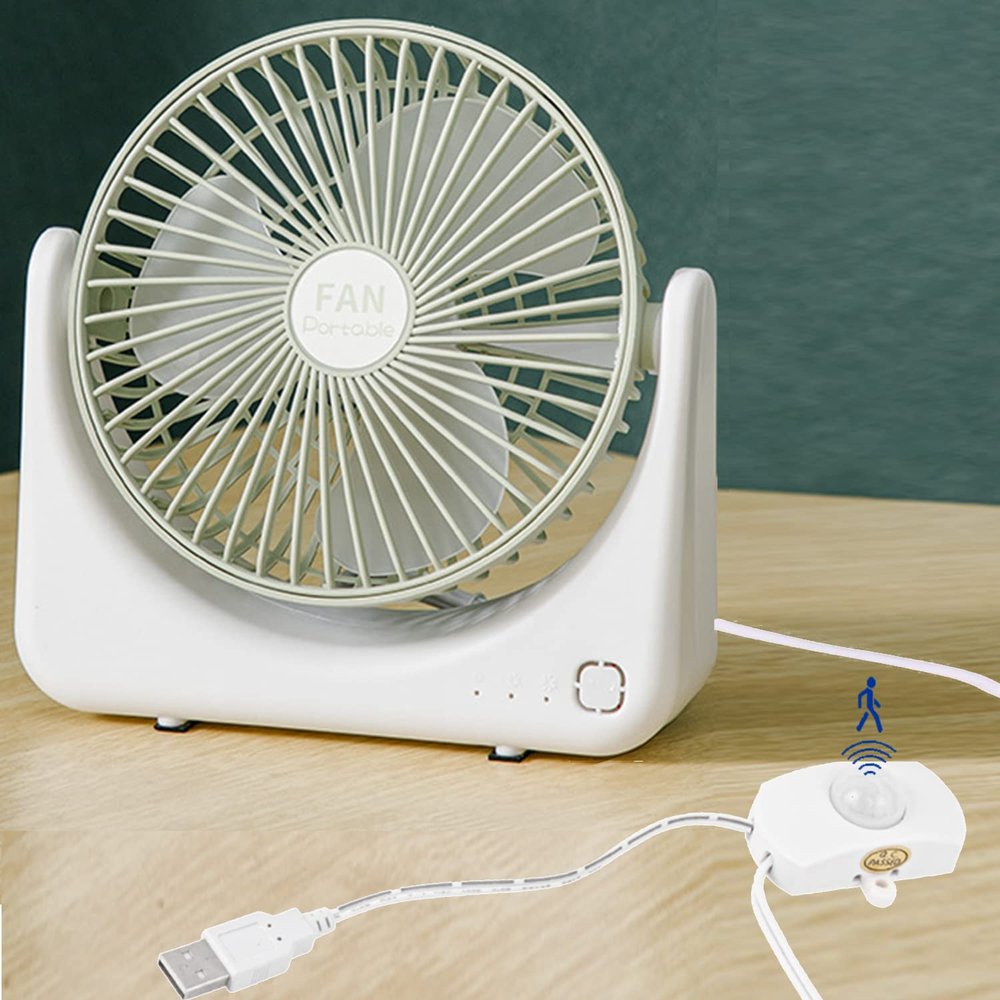 Kiven USB Desk Fan with Motion Sensor,Small But Powerful,Portable Quiet Wind Desktop Personal Fan,Adjustment Mini Fan for Better Cooling,Home Office Car Indoor Outdoor(Green+White)