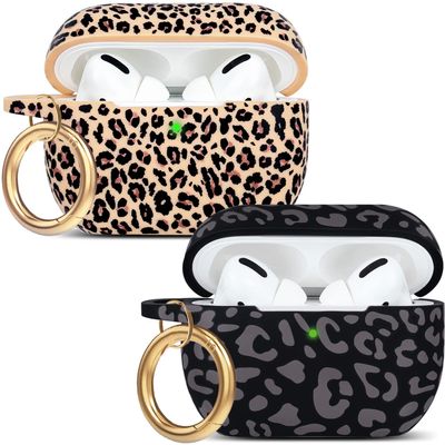 2Pack Leopard Silicone Airpods Pro Case 2019, Gawnock Soft One Piece Case Cover Flexible for Airpods Pro Floral Print Cover for Women Girls with Keychain