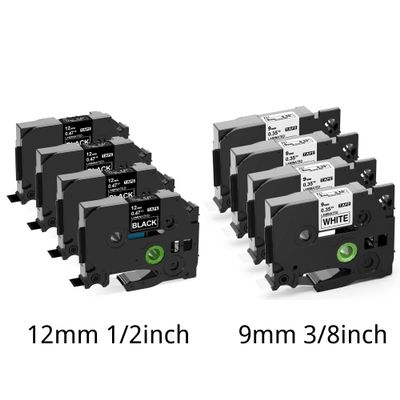 4 Pack 12mm Black + 4 Pack 9mm White Compatible Label Tape Replacement for Brother Label Maker Tape TZe-221 TZe-335
