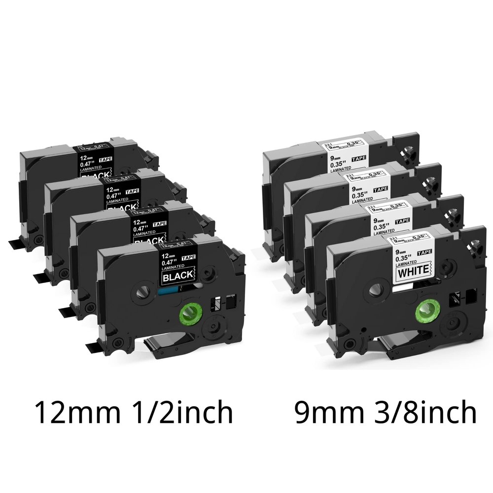 4 Pack 12mm Black + 4 Pack 9mm White Compatible Label Tape Replacement for Brother Label Maker Tape TZe-221 TZe-335