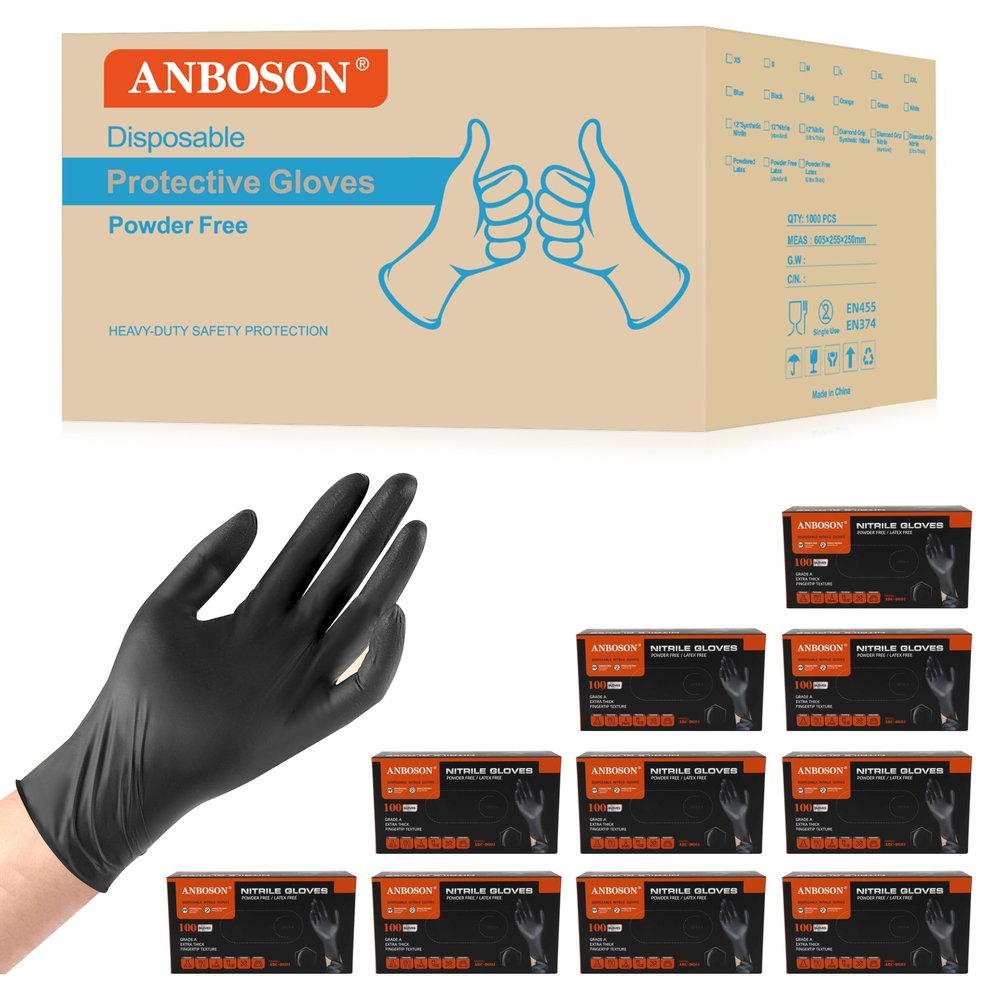 ANBOSON 6 mil Disposable Nitrile Gloves, Heavy Duty Disposable Glove, Cooking Gloves, Latex Free, Powder Free (Black of 1000, Medium)