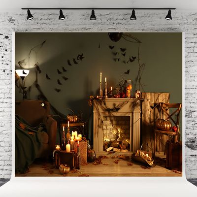 10x6.5ft Halloween Fireplace Decor Bats Photography Backdrops Candle Pumpkin Spider Web Background for Supplies Studio Props