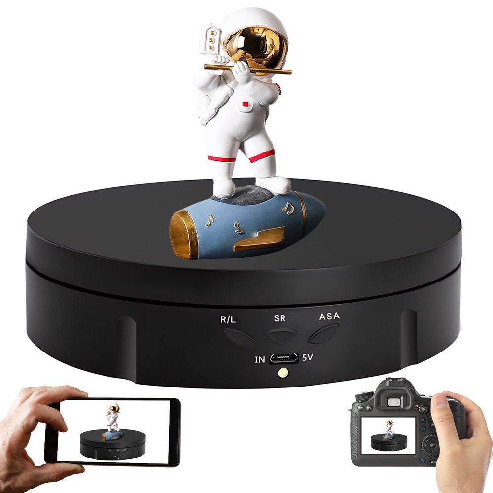 FONOBO Motorized Rotating Display Stand, Max Loading 22Lb, 360 Photography Turntable, 3-Speed Speed Regulation, for Watch, 3D Models,Black