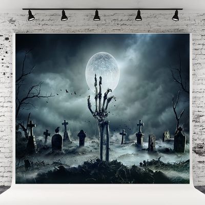 10x10ft Bright Moon Cemetery Halloween Photography Backdrops Broken Hands Tombstone Branches Photo Booth Prop Decor Background