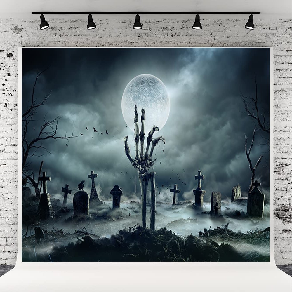 10x10ft Bright Moon Cemetery Halloween Photography Backdrops Broken Hands Tombstone Branches Photo Booth Prop Decor Background