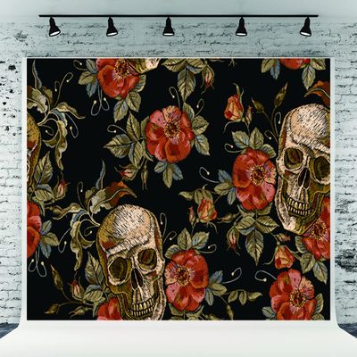 10x10ft Smile Skeleton Flowers Leaf Halloween Photo Backdrops Fabric Photography Backdrop Happy Halloween Background