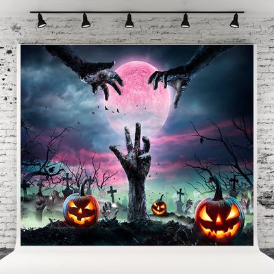 10x6.5ft Broken Hands Cemetery Night Pumpkin Light Magic Moon Branches Halloween Backdrops for Party Prop
