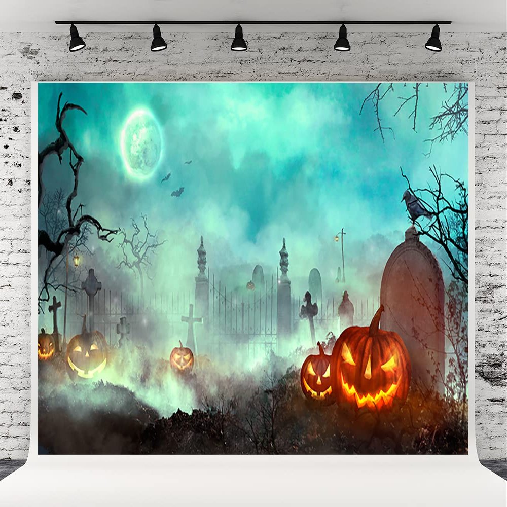 10x6.5ft Cemetery Pumpkin Light Door of Hell Photography Backdrops Halloween Branches Photo Studio Prop Fog Background for Party