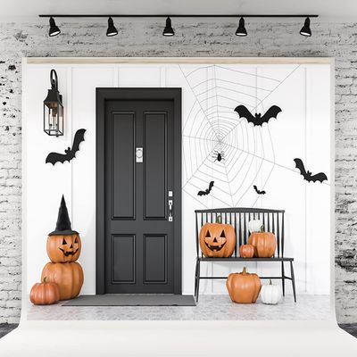 10x6.5ft White Wall Black Door Spider Web Halloween Photography Backdrops Pumpkin Cap Photo Booth Prop Background for Party