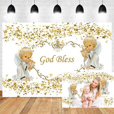 OERJU 10x8ft God Bless Backdrop First Holy Communion Baptism Christening Background Angel Baby Gold Sequins Star Banner Newborn Baby Shower Birthday Party Decoration Photo Booth Props