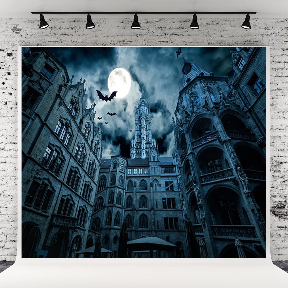 10x6.5ft Building Bright Moon Dark Cloud Halloween Photography Backdrops Prop Bats Photo Studio Background Supplies Prop for Party Decor
