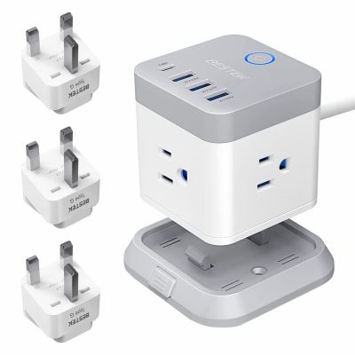 BESTEK UK Travel Plug Adapter, Vertical Cube Mountable Power Strip with 3 Outlets, 3 USB & 1 Type-C Ports, 5ft Extension Cord, Detachable Base, for USA to Type G Countries, UK, Ireland, Hong Kong