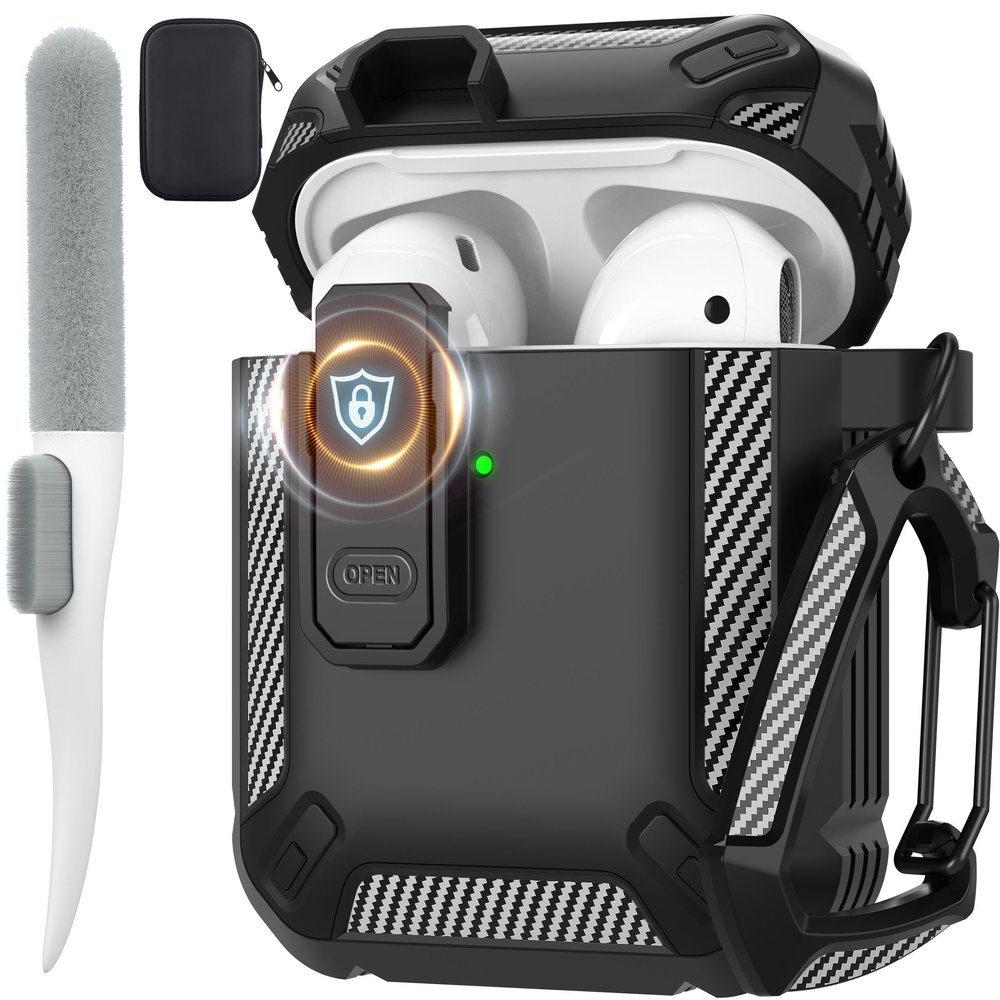 Maxjoy for AirPods 2nd Generation Case Cover, AirPods Case with Lock Gen 2 Hard Shell Rugged Shockproof Protective Cover with Keychain Cleaner Kit Compatible with Apple AirPods2 AirPods1, Black