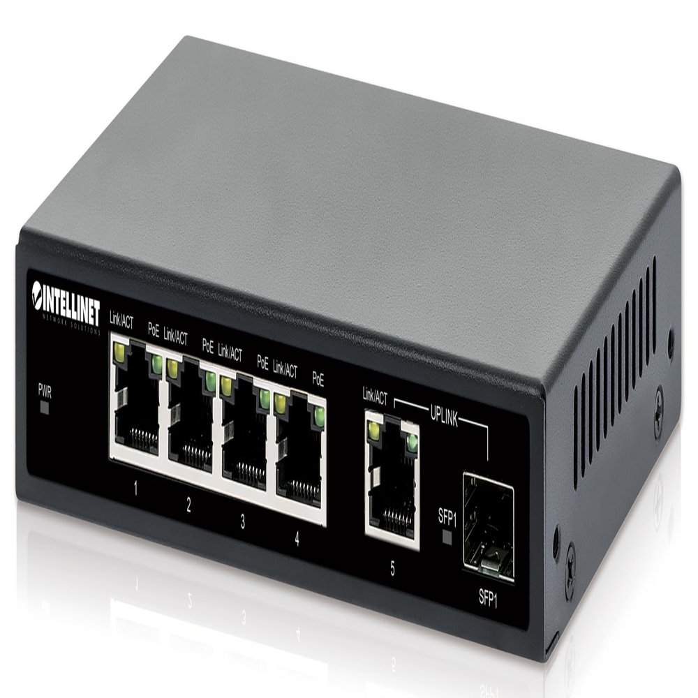 Intellinet 5-Port PoE+ Ethernet Switch with SFP Port - 91W Power Budget, Output up to 30W Per Port, Unmanaged, Wall Mountable/Desktop, Fanless, 3 Yr Mfg Warranty  561822