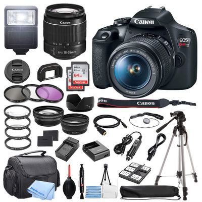 Canon EOS Rebel T7 DSLR Camera w/EF-S 18-55mm F/3.5-5.6 Zoom Lens + 64GB Memory + Case + Tripod + Filters + Accessory Bundle (Renewed)