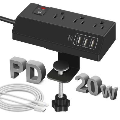 3 Outlet Desk Clamp Power Strip with 4 USB Ports - Desktop Edge Mount Surge Protector - Clamp on Power Strip USB C 20W - Desk, Men, Hotel, Home, Office, Gaming, Phone, Computer, Electronic Accessories