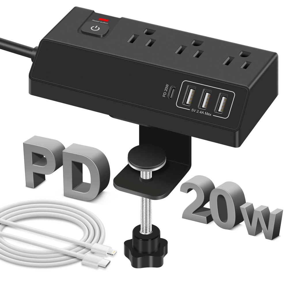 3 Outlet Desk Clamp Power Strip with 4 USB Ports - Desktop Edge Mount Surge Protector - Clamp on Power Strip USB C 20W - Desk, Men, Hotel, Home, Office, Gaming, Phone, Computer, Electronic Accessories