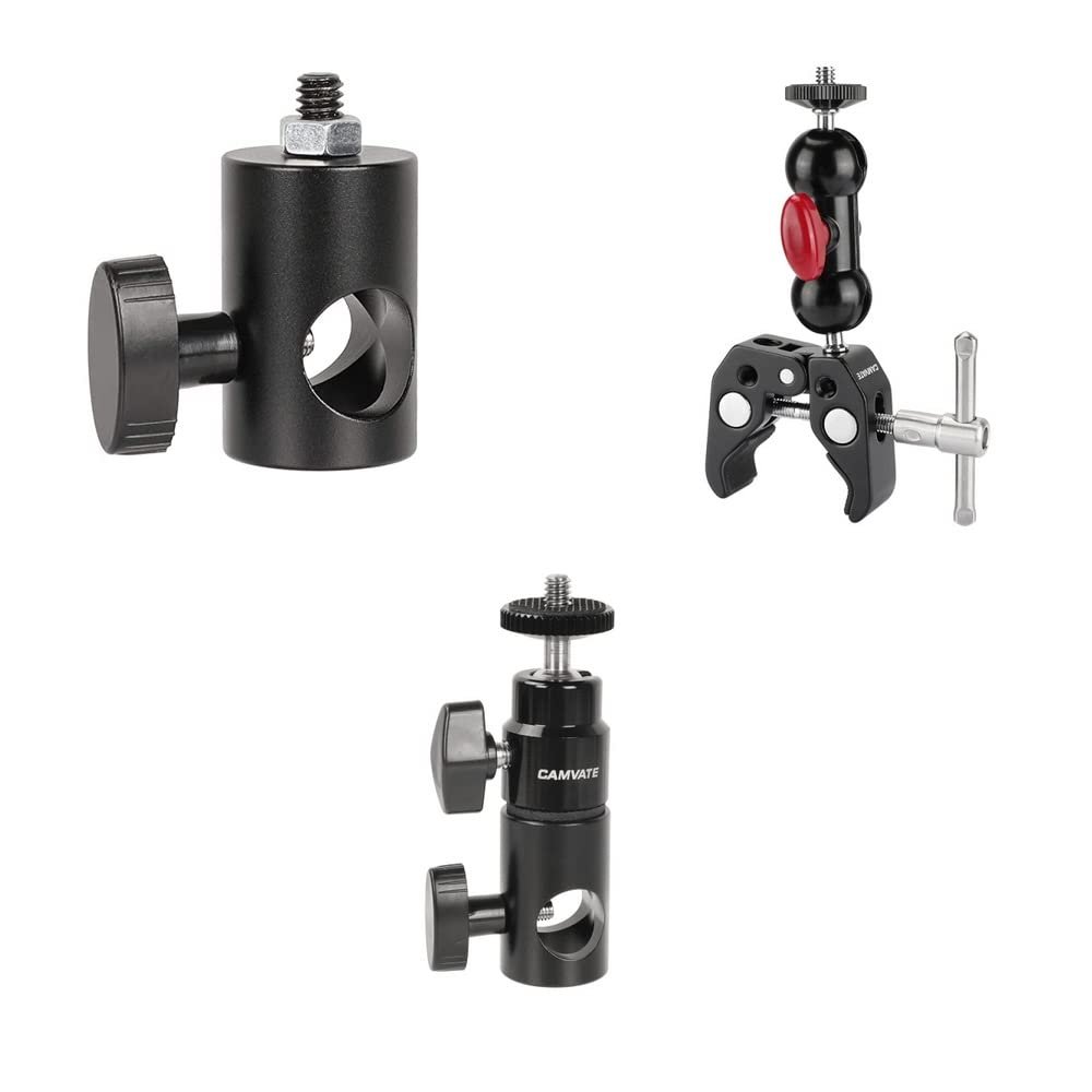 CAMVATE 16mm Light Pole Stand Head Mount + Super Clamp with Mini Ball Head + Light Stand Mount Articulated 1/4''-20 Mini Ball Head