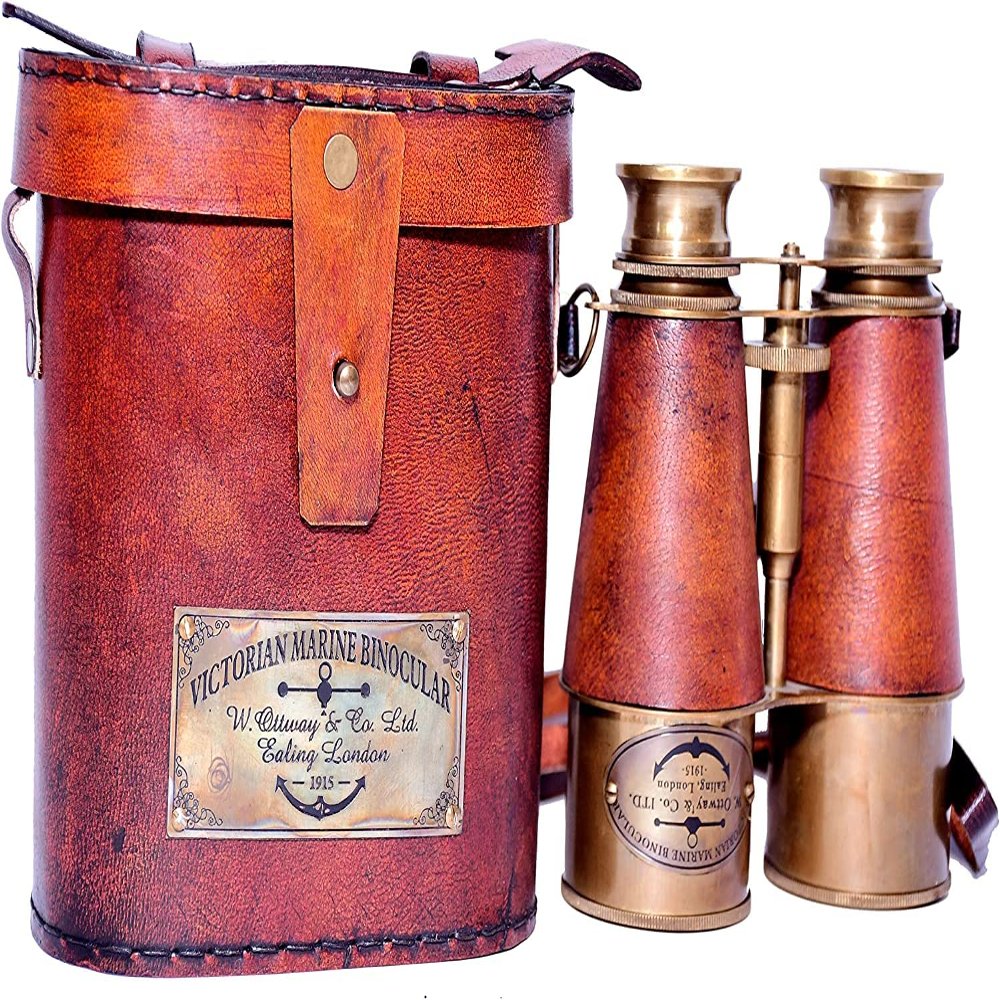 Antique Design Victorian Marine Brass Leather Binocular Coating Blue Lens Opera Glasses & Spyglass with Beautiful Orange Leather Case London 1915 Home & Office Decor