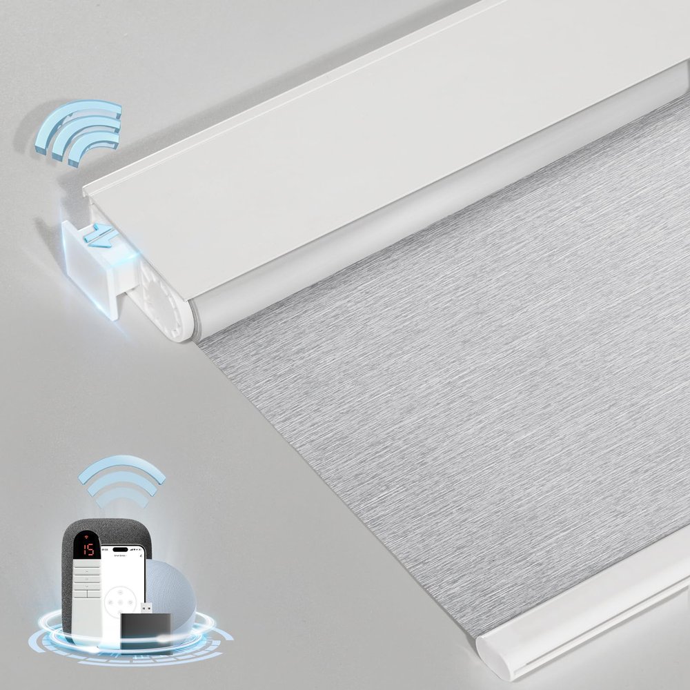 MANSNIX Smart Motorized Blinds with Remote, Cordless No-Drill Automatic Roller Shades, Blackout Electric Blind for Windows, Grey, 34 x 72