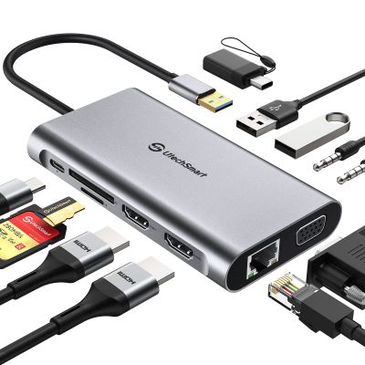 UtechSmart USB Docking Station, 11 IN 1 USB C Dock Triple Display, USB 3.0 Laptop Docking Station with Dual HDMI, VGA, PD, Ethernet, SD/TF, USB 3.0, Mic/Audio, Compatible for MacBook M1 Dell HP Lenovo