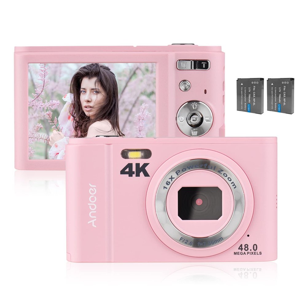 Andoer 48MP 4K Portable Digital Camera with 2.8in IPS Screen Zoom 16X Selfie 128GB Expansion Face Detection Anti-shake with 2 Cell Battery Hand Strap Carrying Case