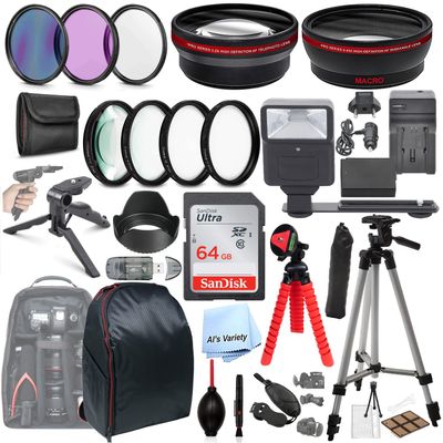 Als Variety 58mm Accessory Bundle with HD Filters, Close Ups, 64GB Memory, Backpack, Tripod, Flash, Auxiliary Lenses for Canon EOS 4000D, 3000D, 1500D, 2000D, 1300D, 1200D, 1100D, Rebel T6, T7, T100