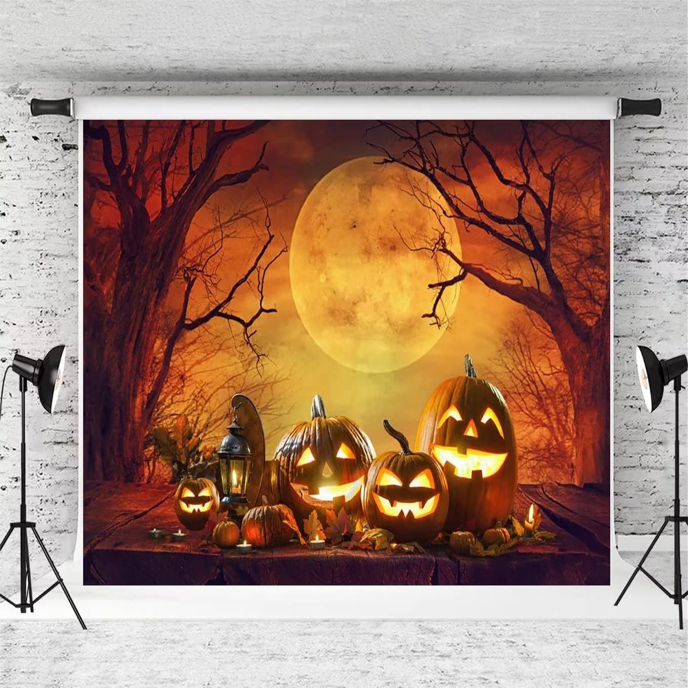 Kate 10x6.5ft Halloween Backdrop Horrible Pumpkins Moonnight Photography Backdrops for Children Misty Forest Background Photo Booth Props