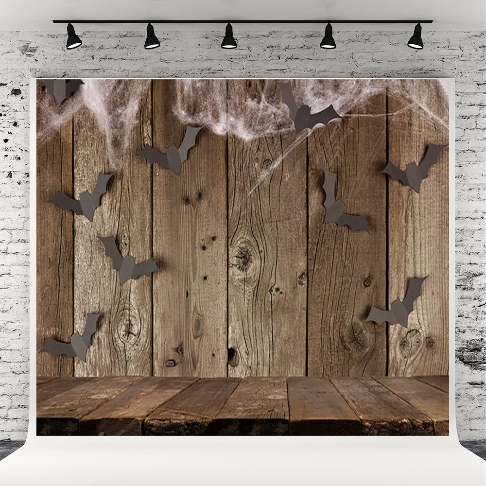 10x6.5ft Brown Wood Wall Spider Web Halloween Backdrop Bats Wooden Floor Photo Booth Prop Background Decor for Party
