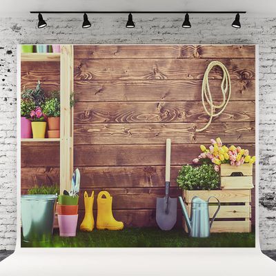 10x10ft Spring Green Grass Wooden Wall Photography Backdrops Baby Show Tool Flowers Photo Booth Prop for Studio Decoration