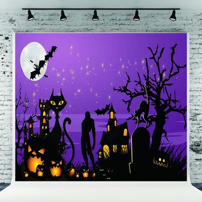 10x6.5ft Purple Halloween Old Tree Branches Photography Backdrops Black Castle Cats Bats Fabric Photo Background for Party Prop