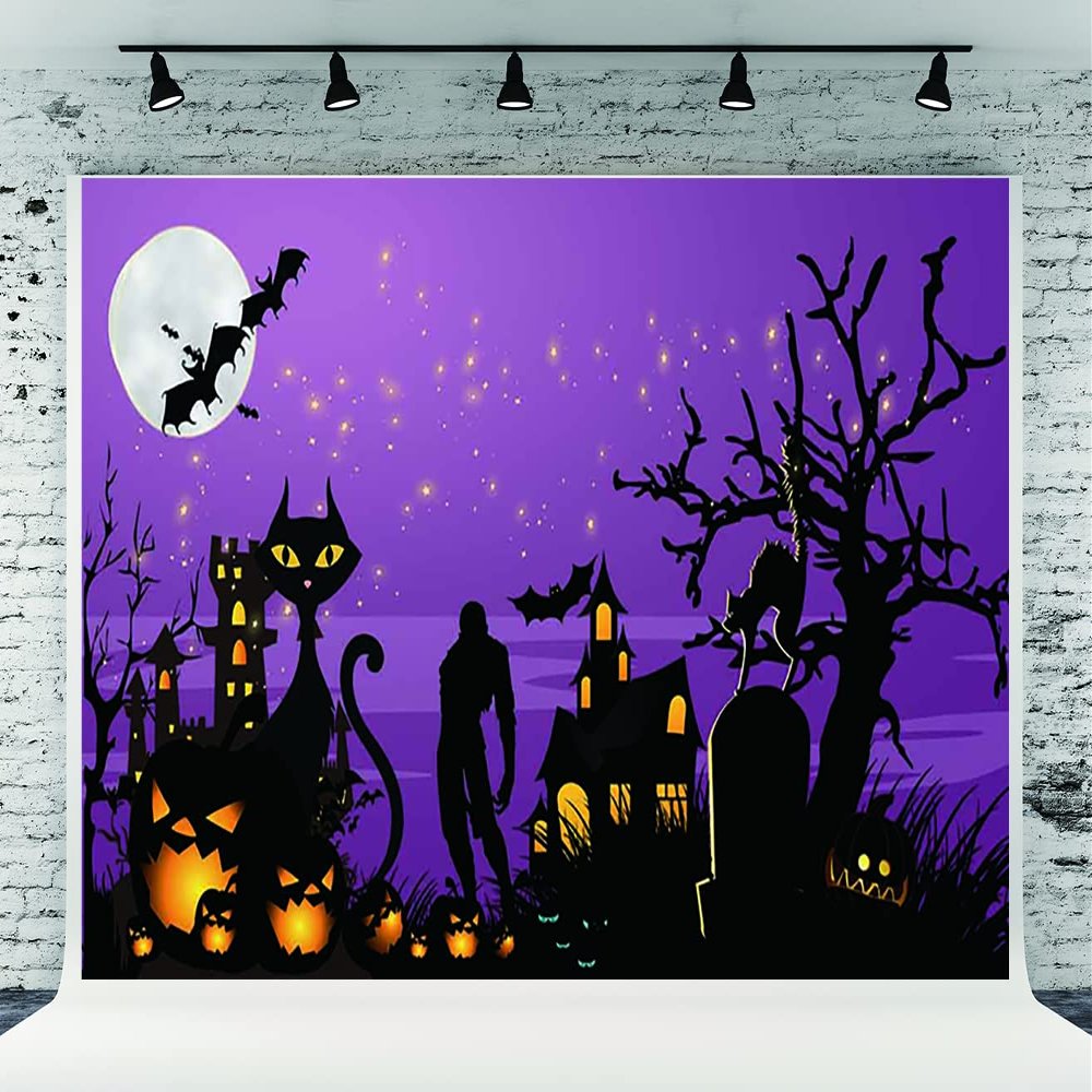 10x6.5ft Purple Halloween Old Tree Branches Photography Backdrops Black Castle Cats Bats Fabric Photo Background for Party Prop