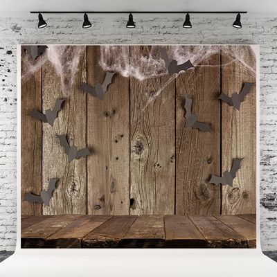 10x10ft Brown Wood Wall Spider Web Halloween Backdrop Bats Wooden Floor Photo Booth Prop Background Decor for Party