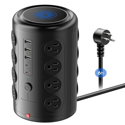 Heavy Duty Power Strip Tower with 16 Outlets and 5 USB Ports (2 USB-C), TenTrend 1500J Surge Protector with Multiple Outlets, 6 FT Extention Cord for Home Office Desk, Dorm Room Essentials Black