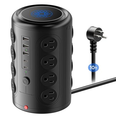 Surge Protector Power Strip 10 FT Cord, TenTrend Vertical Power Tower with 16 Outlets and 5 USB Ports (2 USB-C), 1875W 2000J Charging Station for Home Office Desk, Dorm Room Essentials, Black