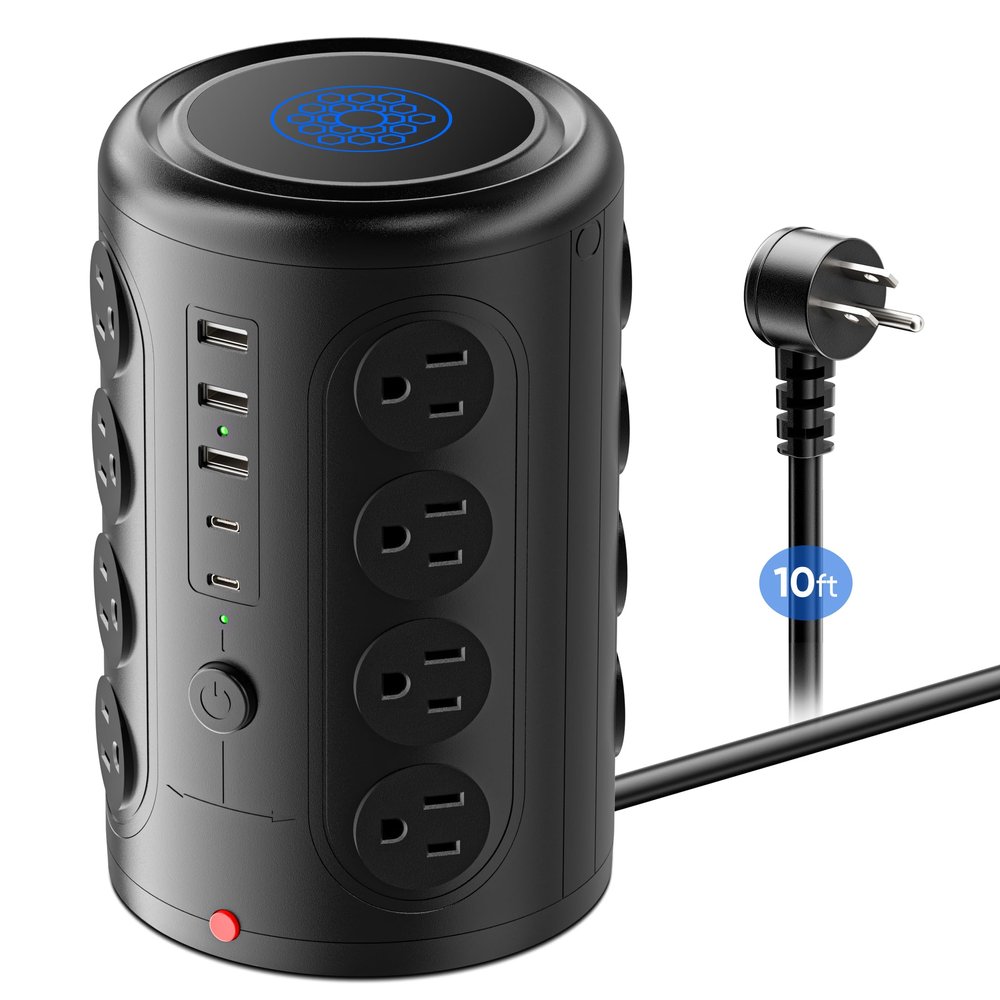 Surge Protector Power Strip 10 FT Cord, TenTrend Vertical Power Tower with 16 Outlets and 5 USB Ports (2 USB-C), 1875W 2000J Charging Station for Home Office Desk, Dorm Room Essentials, Black