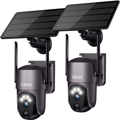 Xega 2 Pack Security Camera Wireless Outdoor 2K 360 PTZ Camera Solar Security Cameras 2.4G WiFi Video Surveillance w/Spotlight & Siren, Color Night Vision, AI Motion Detection, 2-Way Talk, IP66