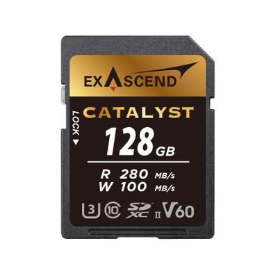 Exascend 128 GB / 256 GB Catalyst SD Card, C10, U3, V60, up to 280MB/s, Compatible with Canon, Nikon, Panasonic and Other Cameras. (128GB)