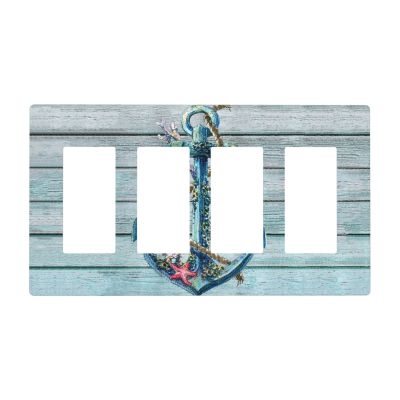 Nautical Anchor 4 Gang Quad Rocker Light Switch Cover Plate Decorative Electrical Faceplate for Bathroom Home Bedroom Decorate Jumbo Size Screwless 8.3" x 4.6