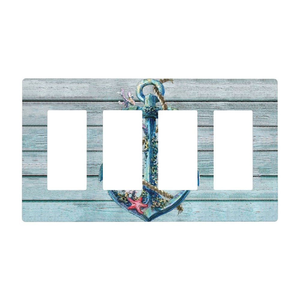 Nautical Anchor 4 Gang Quad Rocker Light Switch Cover Plate Decorative Electrical Faceplate for Bathroom Home Bedroom Decorate Jumbo Size Screwless 8.3" x 4.6