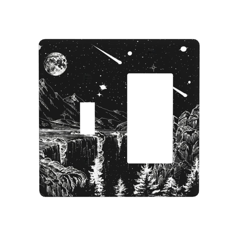 Mountain Starry Moon 2 Gang Single Toggle/Rocker Combination Light Switch Cover Decorative Wall Plate Electrical Faceplate for Home Country Dorm Decorate Large Size 4.5" x 4.5