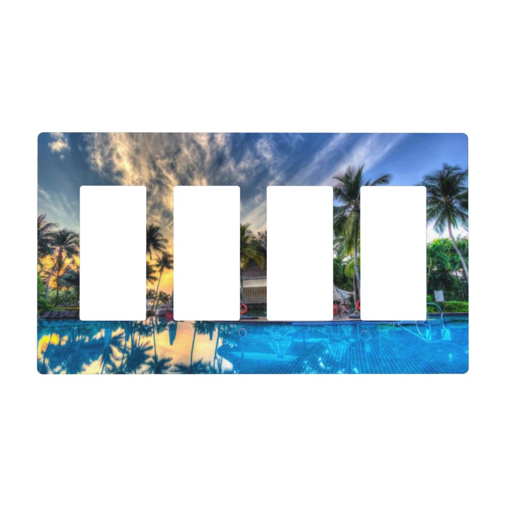 Sea Beach Seascape 4 Gang Quad Rocker Light Switch Cover Plate Decorative Electrical Faceplate for Bathroom Home Bedroom Decorate Jumbo Size Screwless 8.3" x 4.6