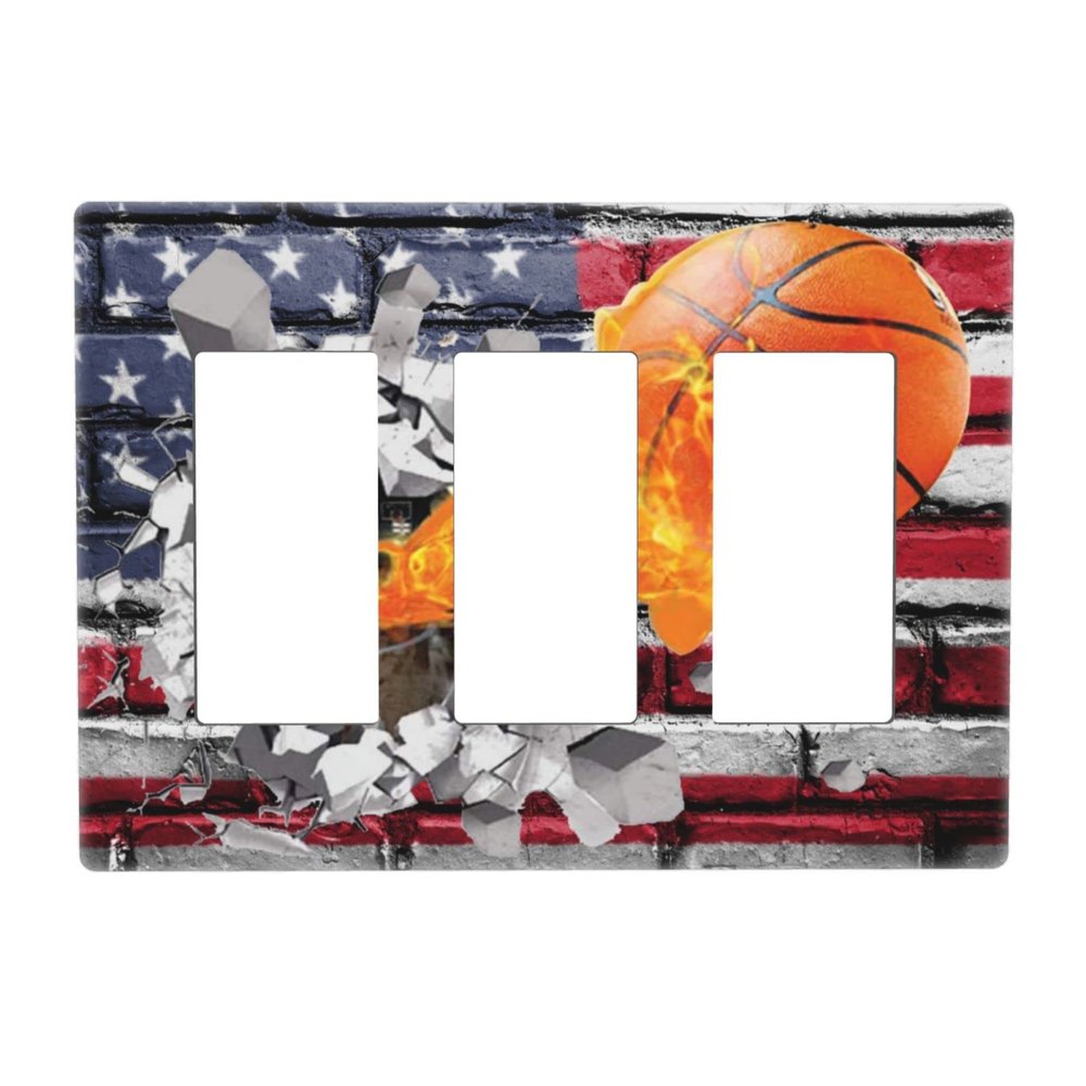 Basketball Sport American Flag 3 Gang Triple Rocker/Decora Light Switch Wall Plate Cover Decorative Electrical Faceplate for Bathroom Home Living Room Bedroom Decor Screwless 6.57" x 4.65