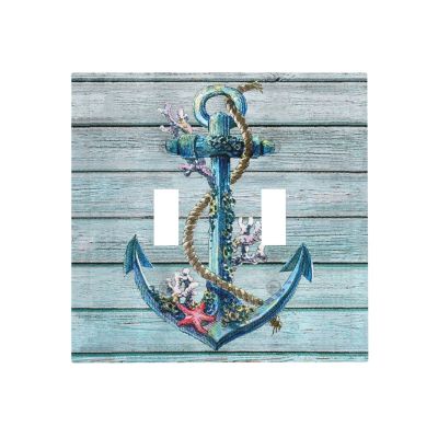 Vintage Nautical Beach Anchor Coral Teal Turquoise Wood Wooden Plank 2 Gang Double Toggle Light Switch Cover Decorative Wall Plate Electrical Faceplate Oversized Decorator Outlet Cover