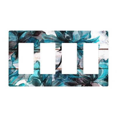 Turquoise Teal Blue Flower 4 Gang Quad Rocker Light Switch Cover Plate Decorative Electrical Faceplate for Bathroom Home Bedroom Decorate Jumbo Size Screwless 8.3" x 4.6