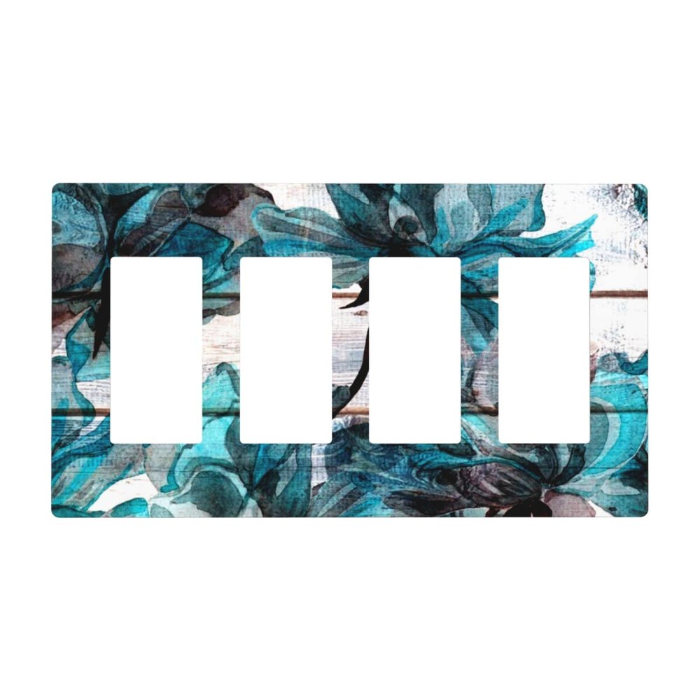 Turquoise Teal Blue Flower 4 Gang Quad Rocker Light Switch Cover Plate Decorative Electrical Faceplate for Bathroom Home Bedroom Decorate Jumbo Size Screwless 8.3" x 4.6