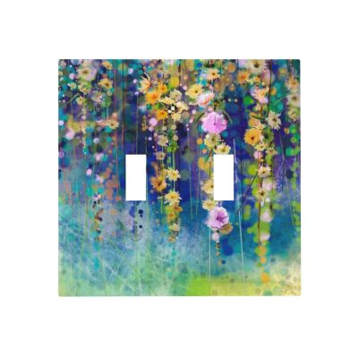 Green Blossom Wildflower 2 Gang Toggle Light Switch Cover Decorative Double Device Wall Plate Colored Flowered Spring Boho Floral Weeping Leaf Dual Electrical Faceplate 5" x 4.9 Oversized