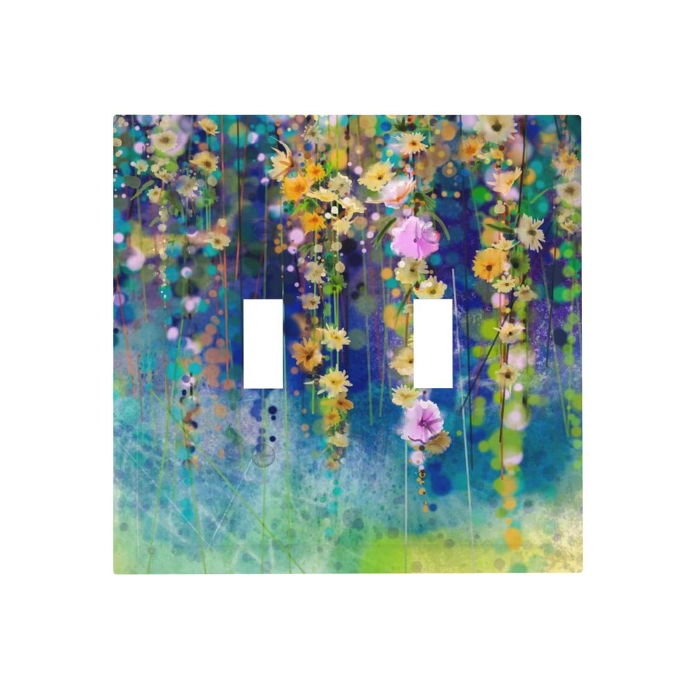 Green Blossom Wildflower 2 Gang Toggle Light Switch Cover Decorative Double Device Wall Plate Colored Flowered Spring Boho Floral Weeping Leaf Dual Electrical Faceplate 5" x 4.9 Oversized
