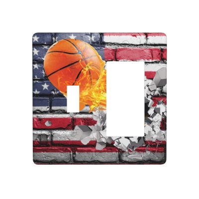 Basketball Sport American Flag 2 Gang Single Toggle/Rocker Combination Light Switch Cover Decorative Wall Plate Electrical Faceplate for Home Country Dorm Decorate Large Size 4.5" x 4.5